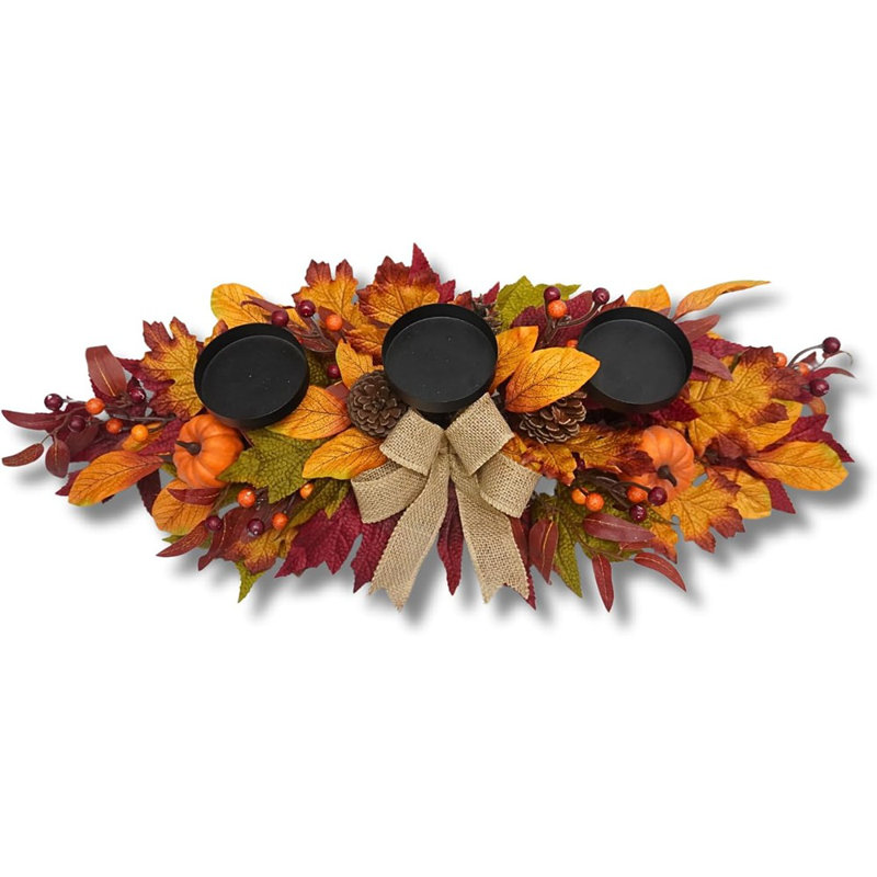 Centre de table de l'Action de grâce avec 3 porte-bougies, décor de récolte d'automne, porte-bougie à feuilles d'érable et feuilles d'automne pour table