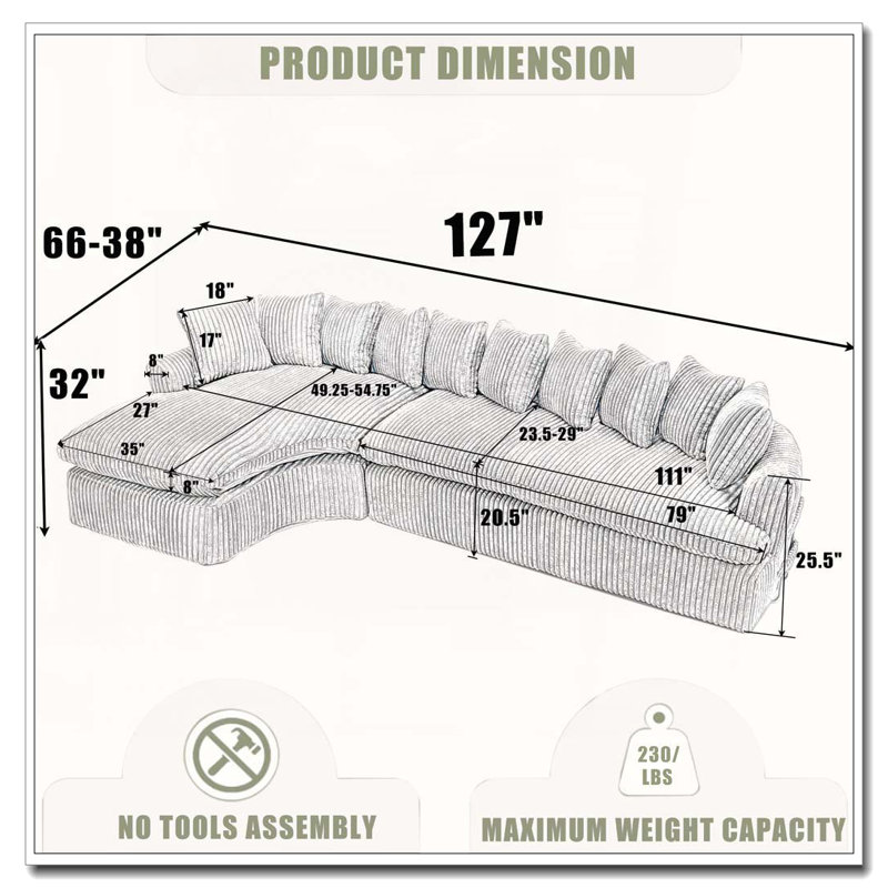 127'' Large Sectional Sofa, Beige Corduroy