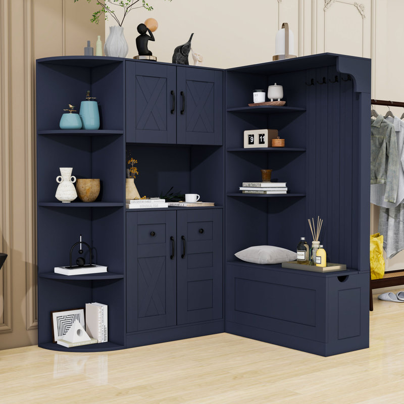 Versatile Hall Tree Combination with Storage Shelves, Hooks, Shoe Bench and Cabinet, Antique Blue
