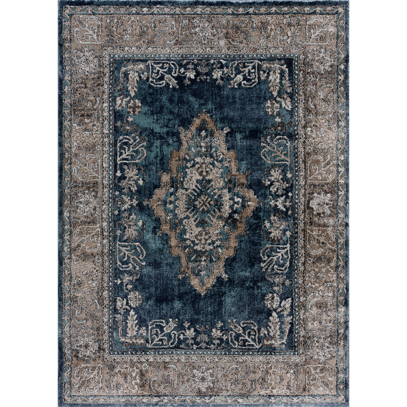 Tapis bleu tissé à la machine, Rectangle 1 pi 10 po x 3 pi