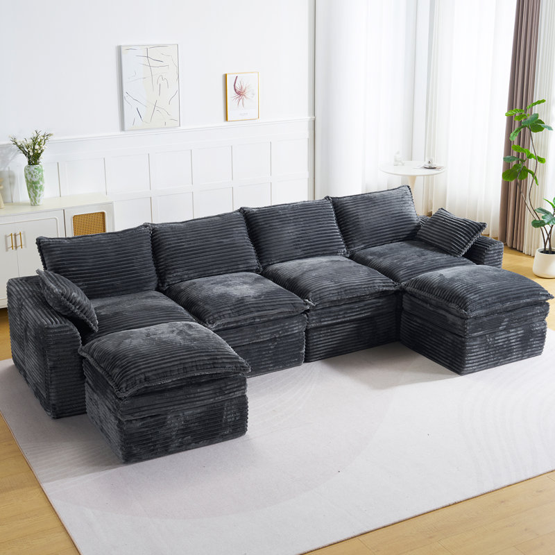 Modular Sofa Set: Extra-large U-shaped Frameless Sofa With Footstool, No Assembly Required, Gray Corduroy