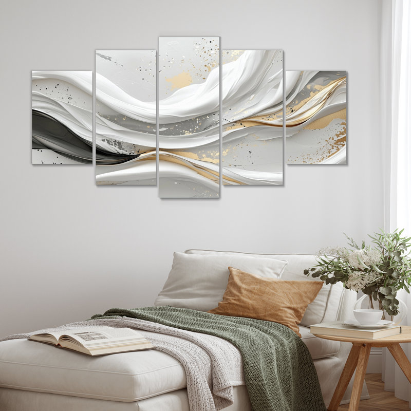«White Ripples Of Stone I - Abstract Modern Waves», ensemble de reproduction d'art mural