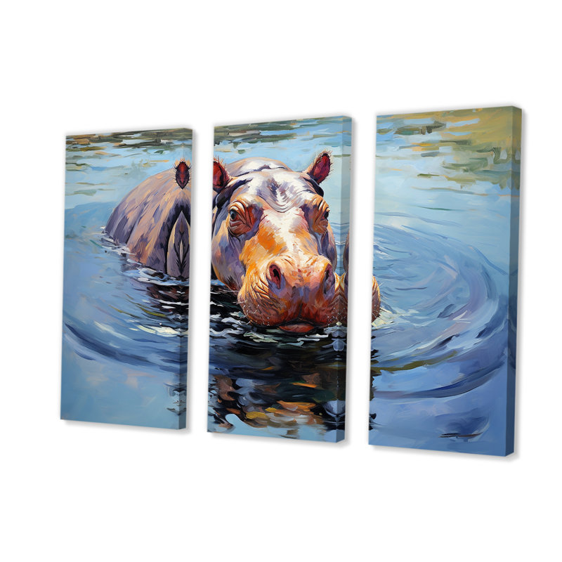 «Curious Water Hippo - Hippopotamus», art mural, Toile tendue, H 32 po x l 48 po