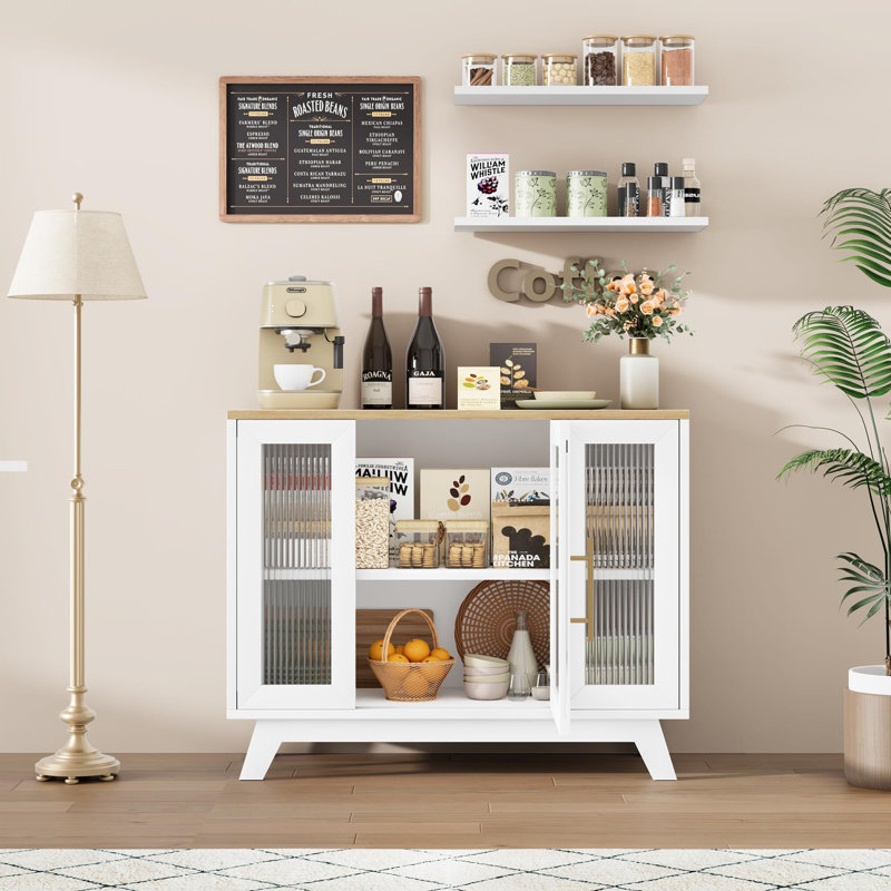 Buffet avec porte en verre cannelé, Blanc / brun
