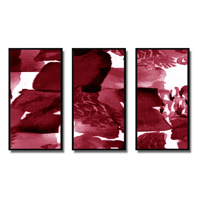 Abstrait bourgogne abstrait sur fond blanc - ensemble d'art moderne sur toile encadrée moderne de 3, H 32 po x l 48 po