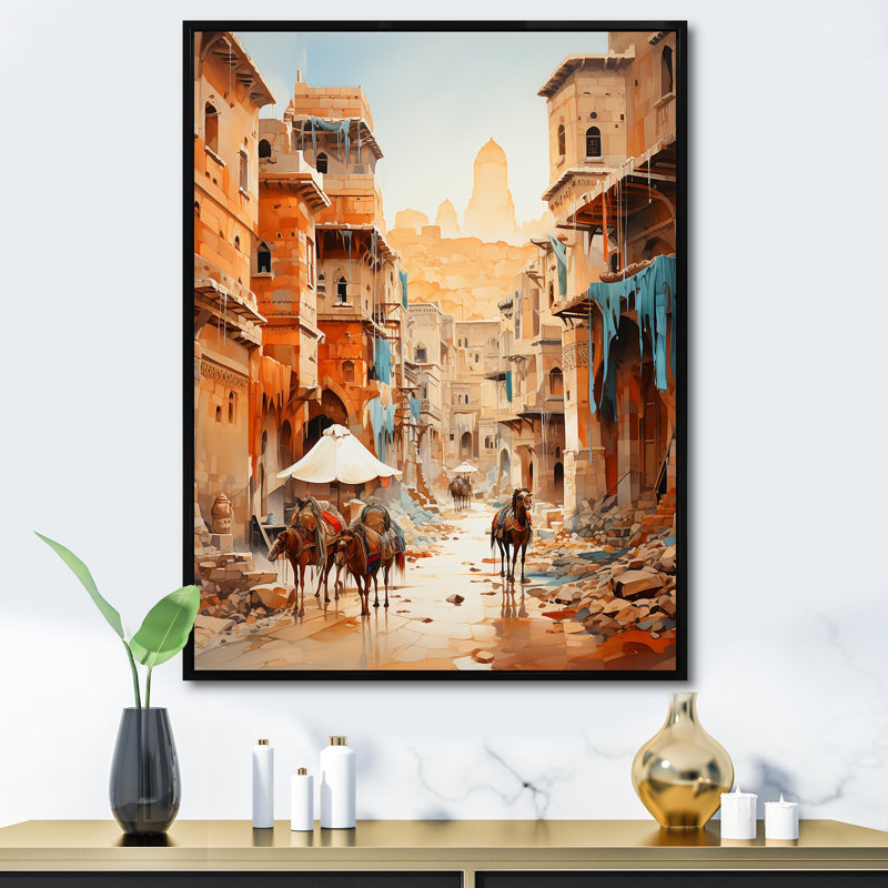 Voyage en arabe sur la route de la soie I - Art mural arabe, Cadre flottant noir, H 32 po x l 24 po x P 1 po