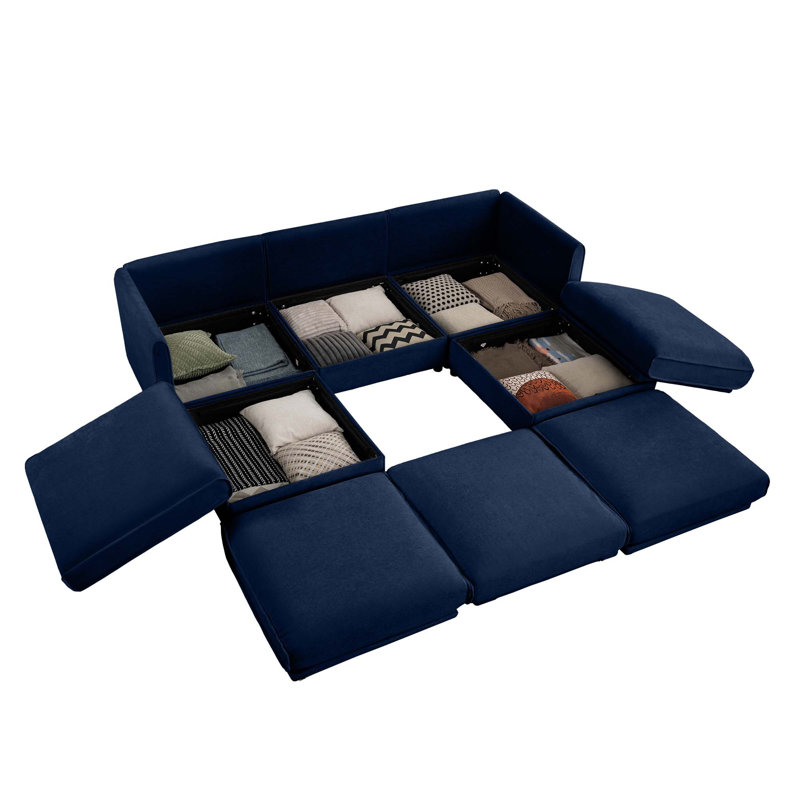 Canapé modulaire moderne en U avec rangement et 2 repose-pieds avec rangement, Chenille bleue