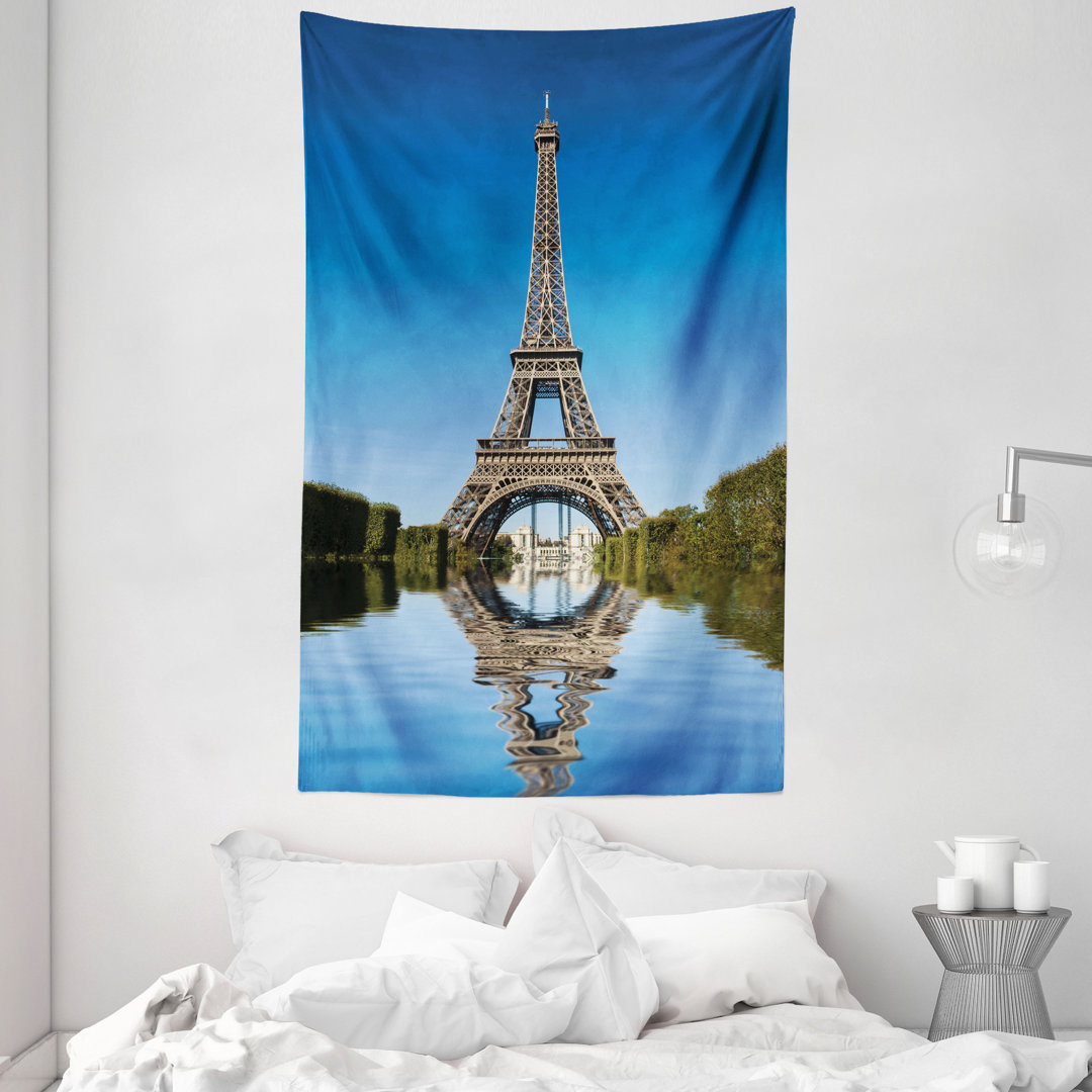 Wandteppich, Eiffel Wasser Spiegelung, Paris, Grün Blau Grau