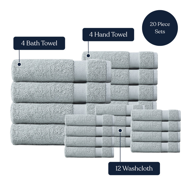 Delara Organic Cotton Plush Towel Set of 20, GOTS & OEKO-TEX Certified, 650 GSM, Soft, Quick-Dry, Absorbent, Hotel Quality