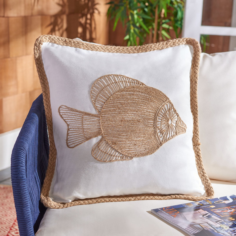 Nautical Embroidered Fish White Cotton Throw Pillow
