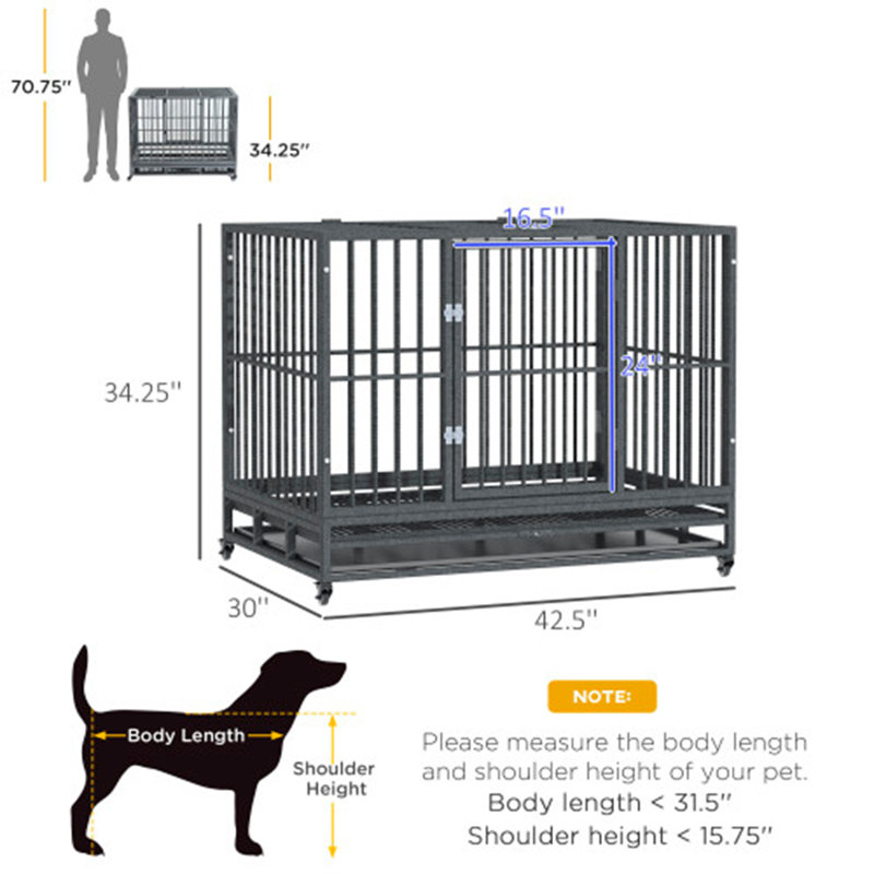Gray Medium Rolling Steel Dog Crate with Wheels
