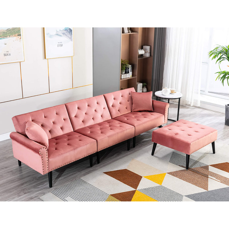 Canapé convertible en velours et repose-pieds, canapé de style Mid-Century, causeuse à 4 places