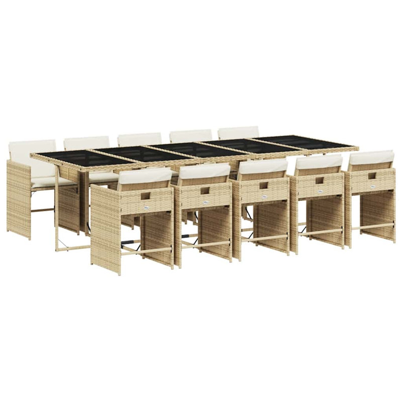  11 Piece Garden Dining Set with Cushions Poly Rattan, Cream White, Beige, 73cm H x 275cm W x 106cm D