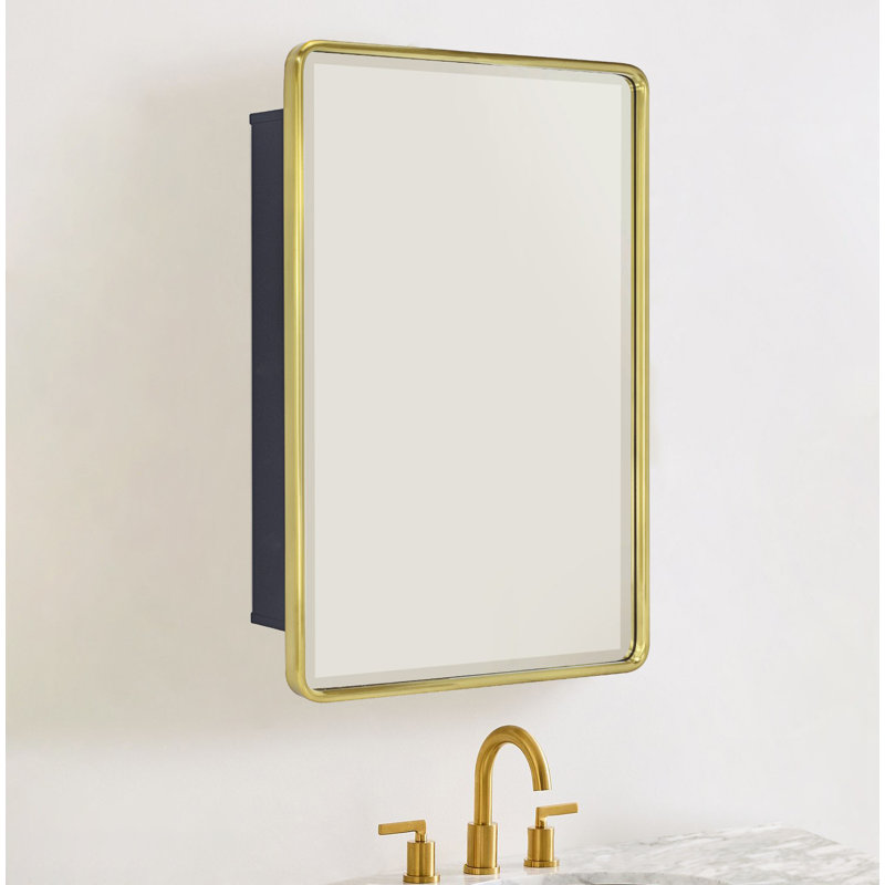 Bryand Farmhouse Surface Mount Metal Bathroom Medicine Cabinets with Mirror, 24" x 16", Brushed Gold