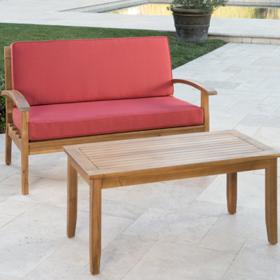 Causeuse et table basse avec coussins à eau, couleur bois, pour récit de patio à l'extérieur, P 32,07 po x l 52,44 po, H 31,25 po, bois principal