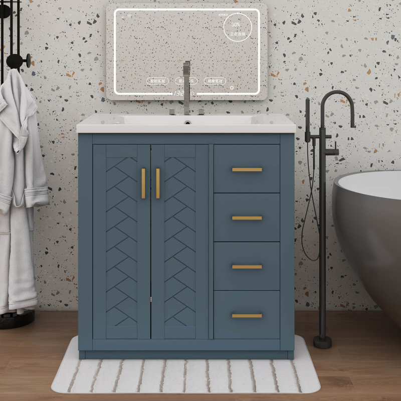 Ensemble de meuble-lavabo autonome 36 po avec lavabo en céramique 36 po et 3 tiroirs spacieux, Argent argent, Bleu