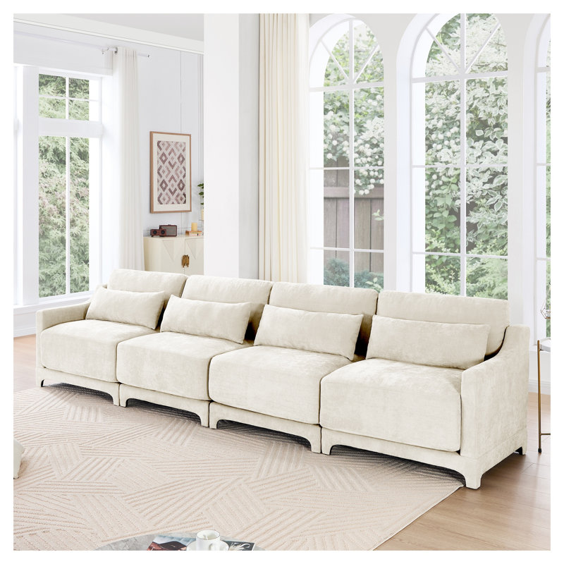 Canapé modulaire en chenille 4 places avec coussins lombaires, siège de salon moderne et ergonomique, Beige
