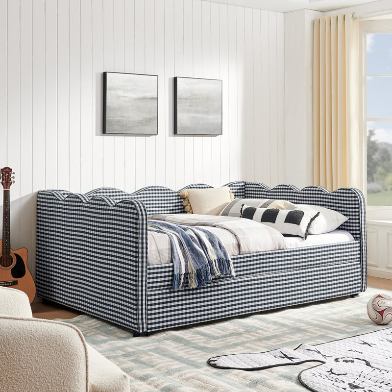 Full Size Cozy Gingham Daybed with Twin Size Trundle No Box Spring Needed, with USB Port and Adorable Wave Shaped, Linen Fabric