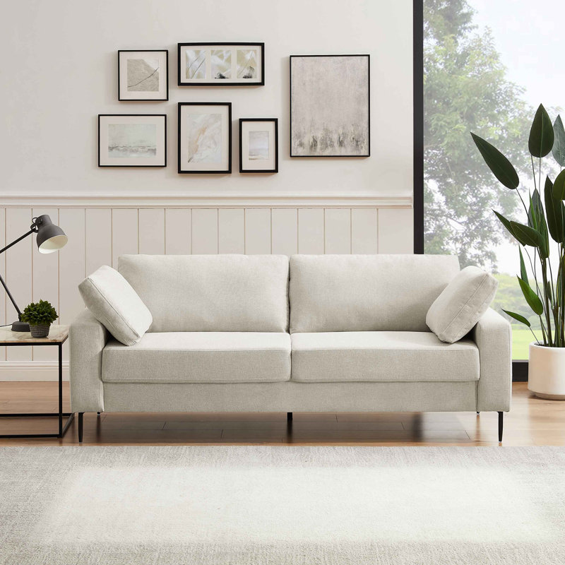 Jeses 84.3" W Square Arms Sofa with Metal Legs and Button Tufting, Off White Linen Blend