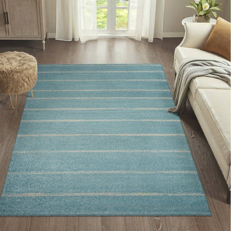 Montral Minimalist Stripe Turquoise/Cream Rug, Rectangle 5'3" x 7'7"