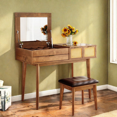 Classic Wood Makeup Vanity Set With Flip-top Mirror And Stool, Three Drawers, Woven Rattan Design And Metal Handles