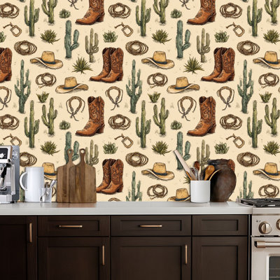 Peel and Stick Wallpaper Seamless Western Cowboy Boots Hats Ropes Beige Contact Paper Removable Self Adhesive Wall Mural Wall Decor for Bedroom Kitchen Cabinets 24in x 118in