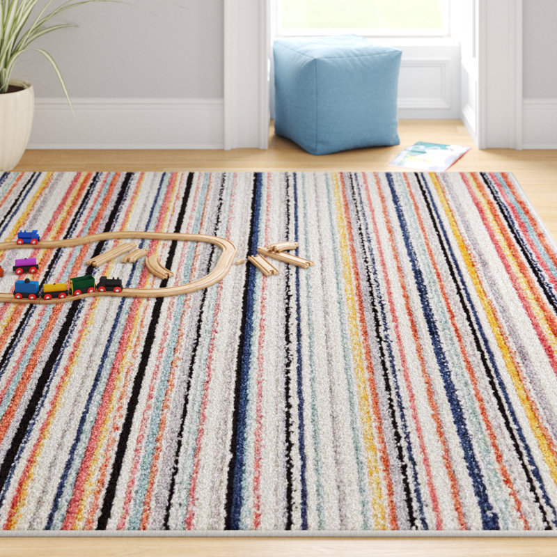 Tapis rayé bleu / orange / gris Prentice, Rectangle 7 pi 10 po x 10 pi