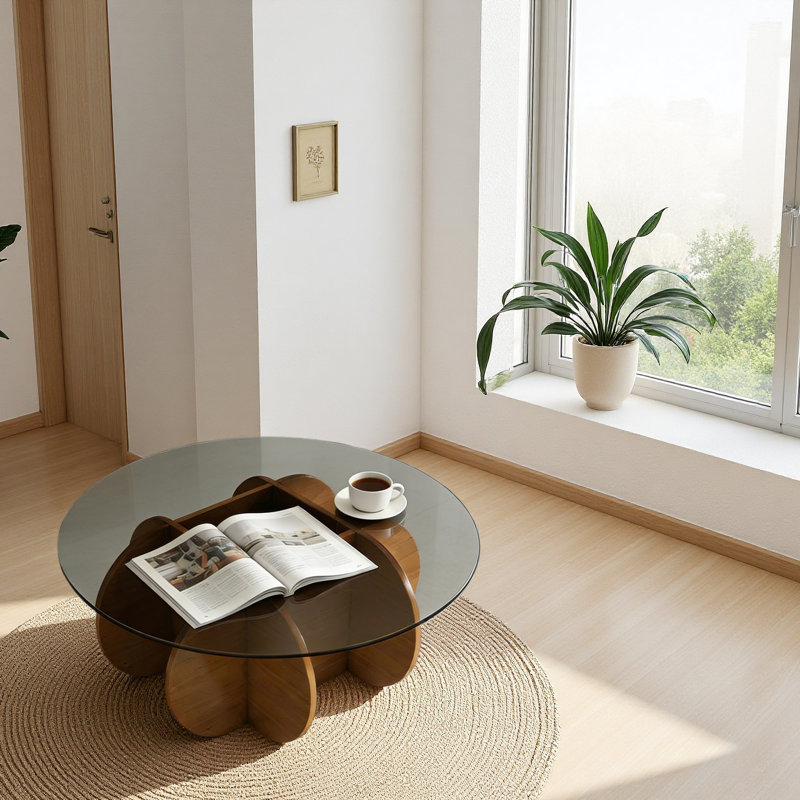 Table basse moderne de style moderne Mid-Century 31,5 po x 31,5 po x 15,7 po avec plateau en verre trempé