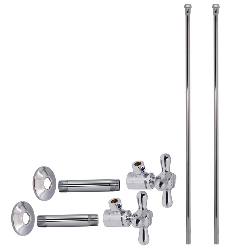 Conduites d'alimentation à robinet double 1/2 po IPS x 3/8 po x P 20 po avec robinets d'arrêt à angle en croix, Chrome poli