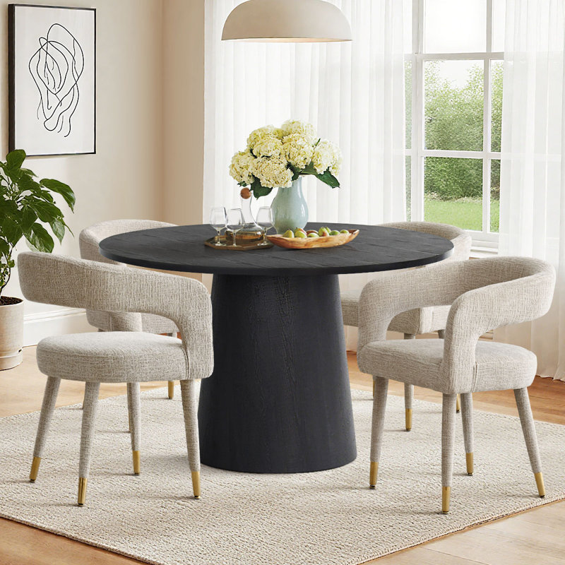 Ensemble de salle à manger moderne 5 pièces avec table à piédestal ronde et chaises à dossier ouvert rembourrées, Kaki