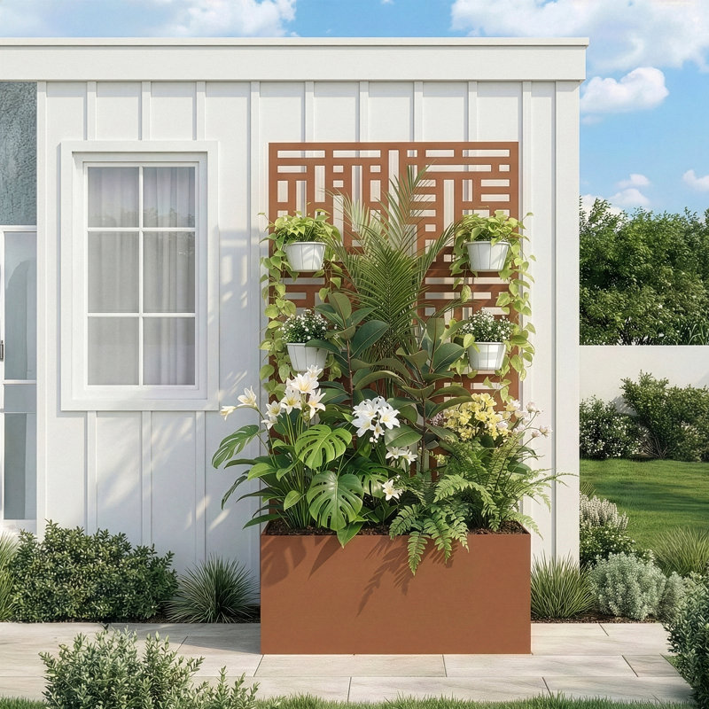 70 In. Metal Garden Bed With Trellis, Brown