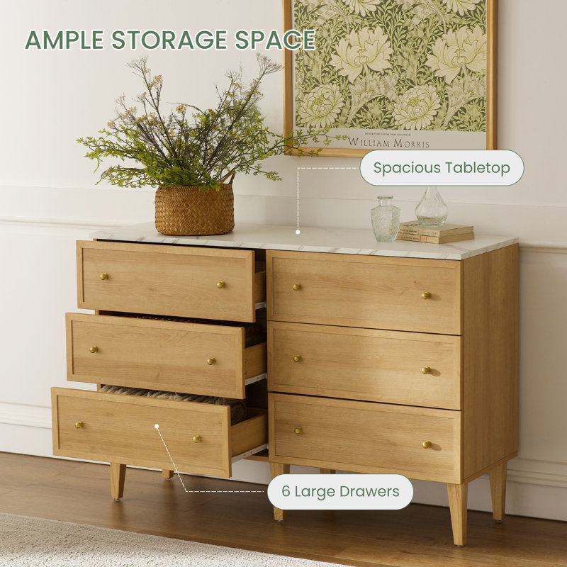 Natural Oak 6-Drawer Dresser with Faux Marble Top and Golden Handles
