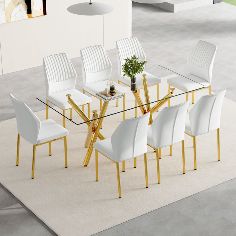 Ensemble de table de salle à manger 71 ", ensemble de table de salle à manger avec plateau en verre trempé et base en métal doré et chaises en similicuir