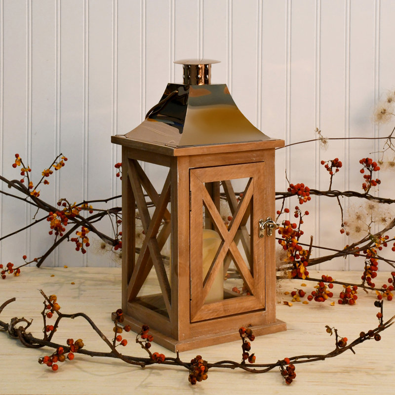 Natural with Copper Roof Wooden Lantern with Battery Operated Candle