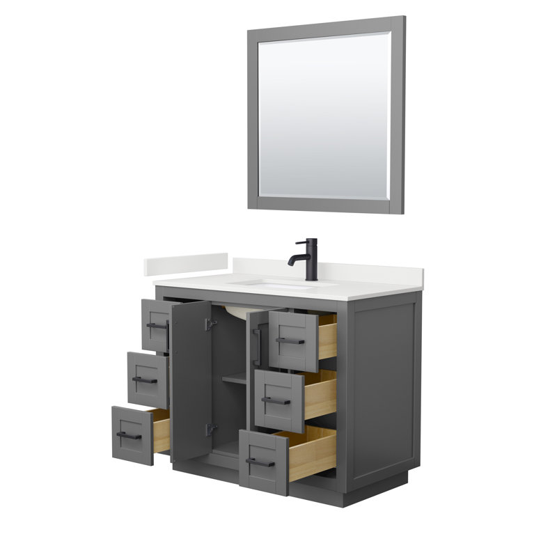 Miranda 42" Freestanding Single Bathroom Vanity with Quartz Top with 34" Mirror, White Quartz, Dark Gray, Matte Black