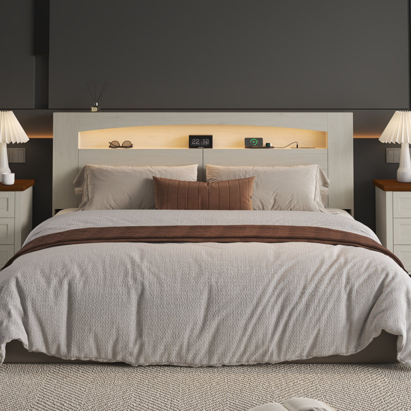 Queen Headboard, Storage, RGB LED Lighting, USB & AC Charging Station, Recessed Baseboard – Modern Wood Bedroom Furniture