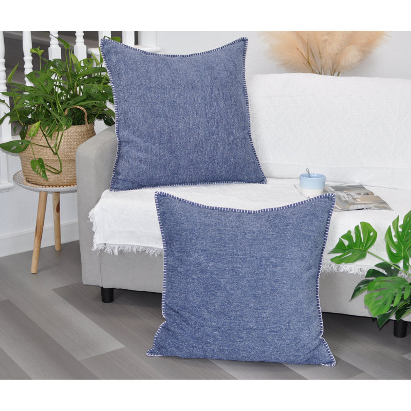 Navy Blue Chenille Square Throw Pillow Covers with Piped Edges (Set of 2)