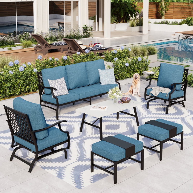 Tapasi 5-7 - Person Patio Conversation Set with Rocking Lounge Chairs & Optional Ottoman, Denim Blue, Yes