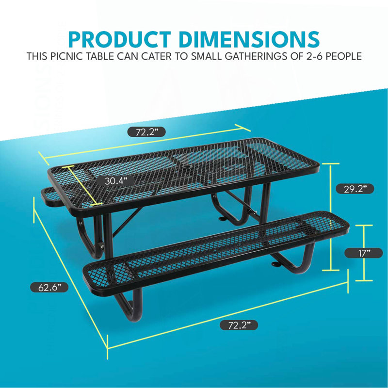 6 pi Table de pique-nique rectangulaire en acier pour l'extérieur, Noir