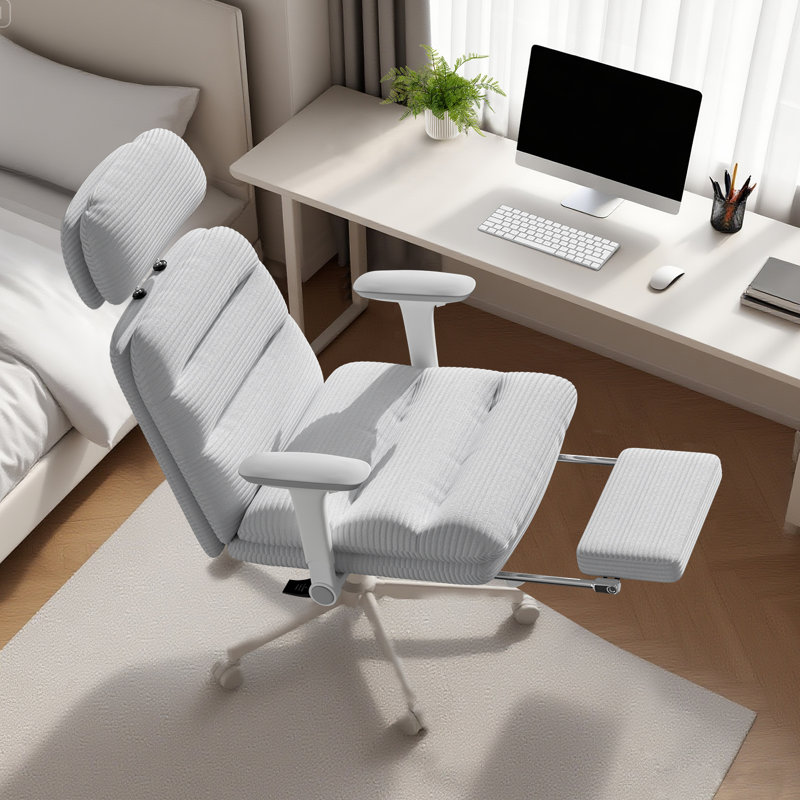 Grey Corduroy Executive Office Desk Chair with Flip-up Armrests,Footrest,Adjustable Height Headrest Computer Chair, Gray