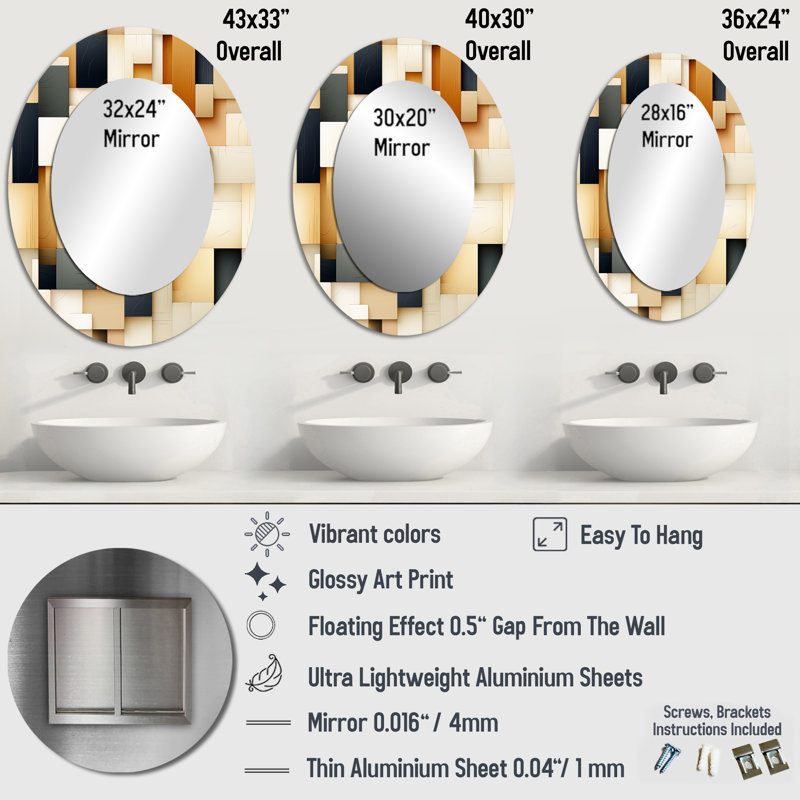 Abstrait blocs taupe abstraits - miroir mural moderne ovale, H 36 po x l 24 po