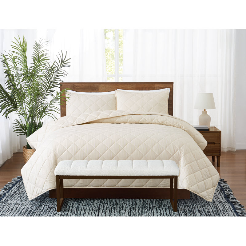 Brooklyn Loom Pinstripe Quilt Set, King Quilt + 2 King Shams, White/Ivory