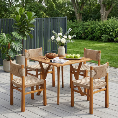 Hapeville Patio 5-Piece Acacia Wood Dining Set With Woven Wicker