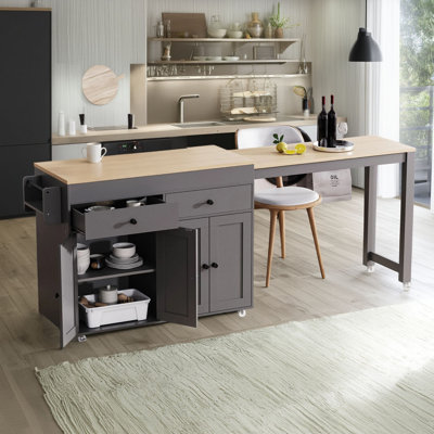 Îlot de cuisine de 74,5 po avec table à manger extensible K&K, mobile sur roulettes, avec support à épices et autres espaces de rangement