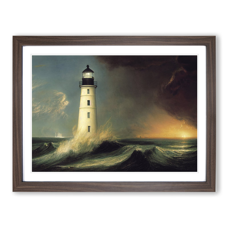 Dashing Lighthouse Seascape - Framed Print, 46cm H x 64cm W x 2cm D, Walnut