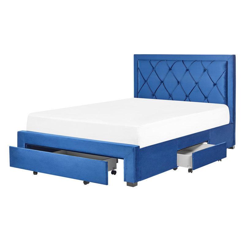Mansi Upholstered Velvet Drawers Bed, European Double (140x200 cm), Navy Blue