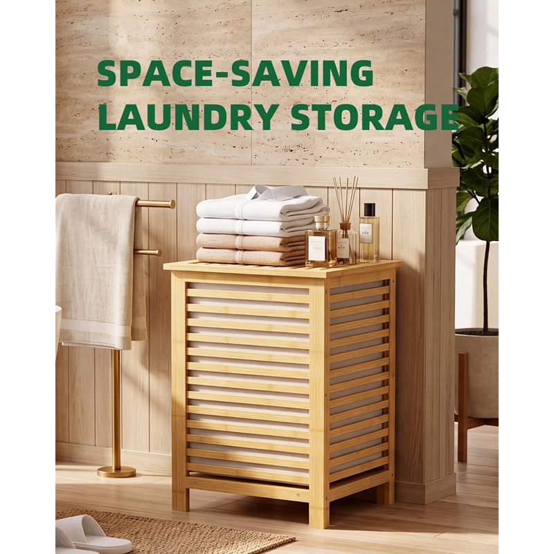 Panier à linge double avec couvercle, trieur de vêtements en bambou avec sac intérieur amovible et séparateur à deux compartiments, naturel