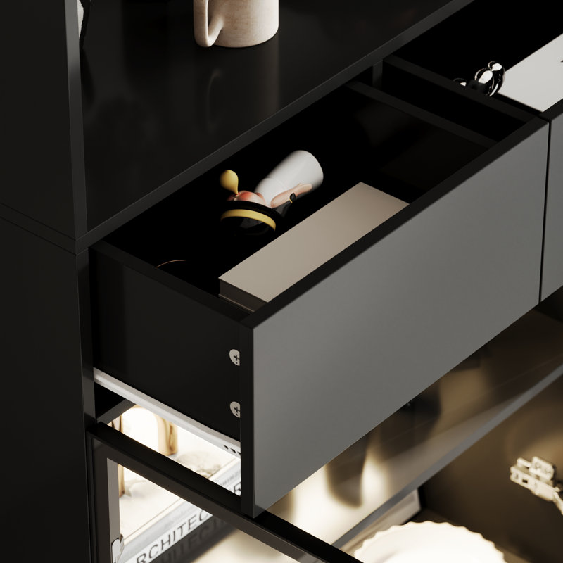 78.7'' H x 47.2'' W Bookcase With Glass Doors LED Lights Spacious Countertop, Black
