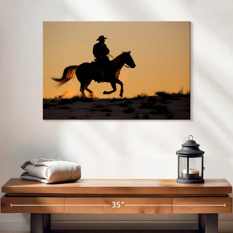 Lelar, cowboy à cheval, H 16 po x l 24 po