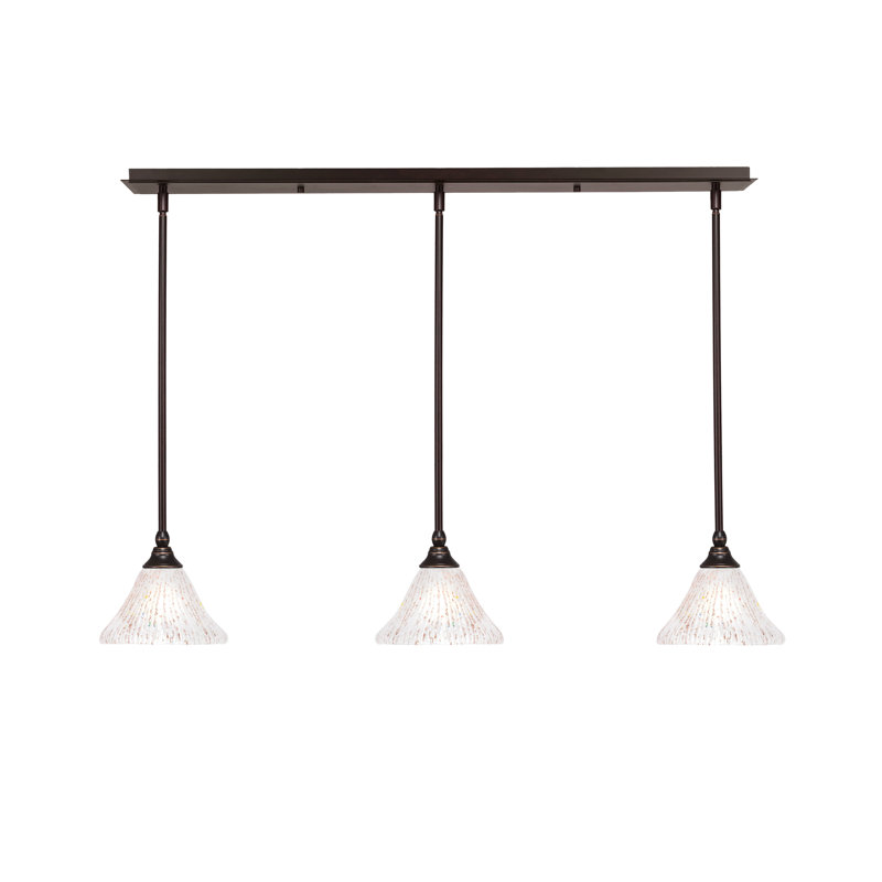 3 Light Stem Hung Linear Pendalier Shown With 7" Teal Crystal Glass, 6.25" H x 39.25" W x 7" D, Clear, Dark Granite